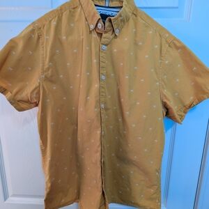 Denim & Flower Mustard Short-Sleeve Button-Down Shirt with Micro Palm Print